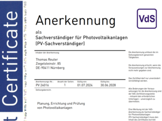 Sachverständiger für Photovoltaik - Zertifikat